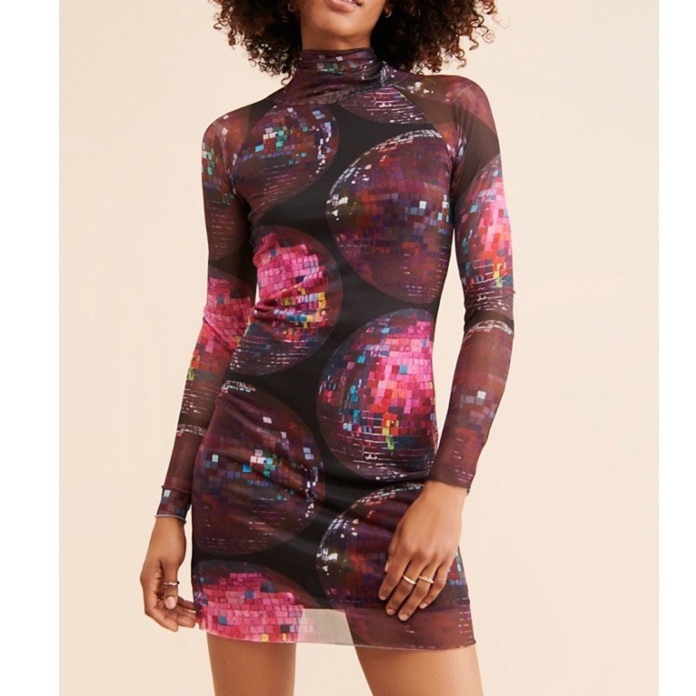 Rachel Antonoff Disco Ball Mesh Mock Neck Mini Dress Long Sleeve Pink Multi e5